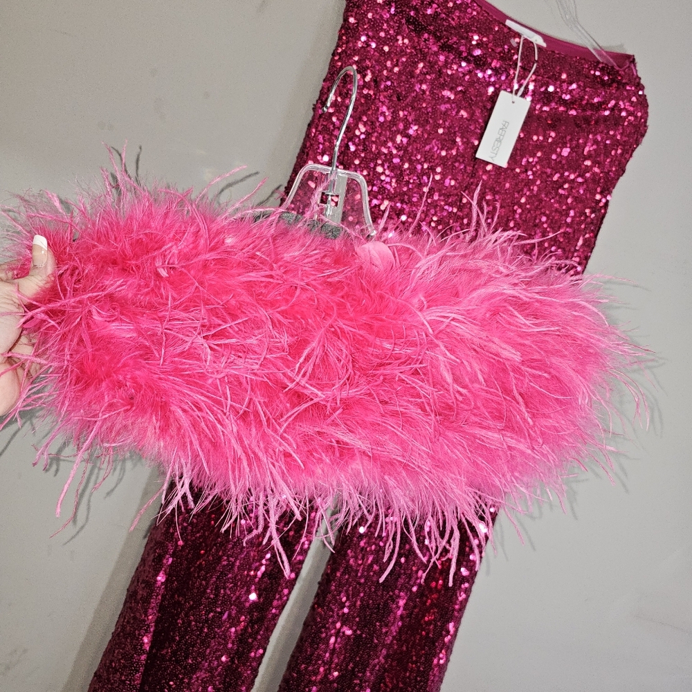 NWT HOT PINK 2 PIECE SEQUIN PANT AND FUR BANDEAU TOP SIZE M